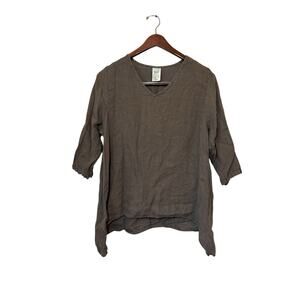 Match Point Womans Blouse Top Solid Olive Green Linen Pullover V Neck 3/4 Sleeve